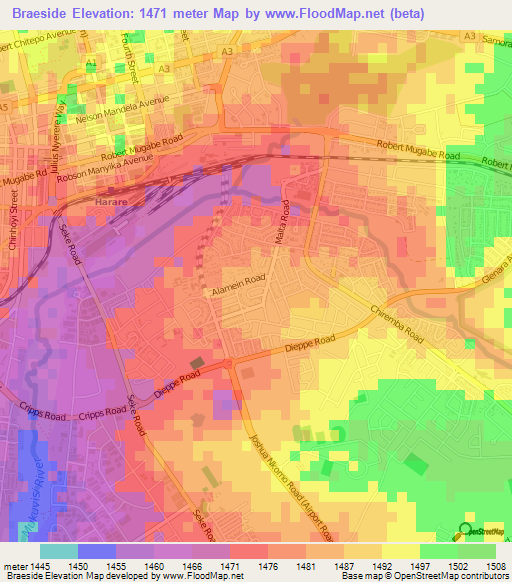 Braeside,Zimbabwe Elevation Map