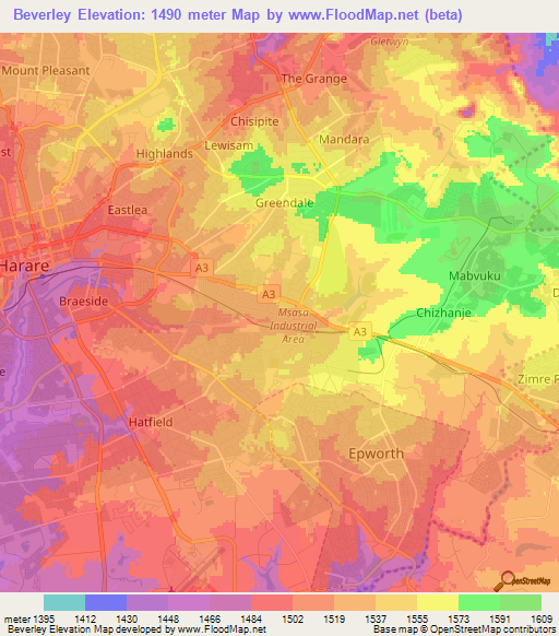 Beverley,Zimbabwe Elevation Map
