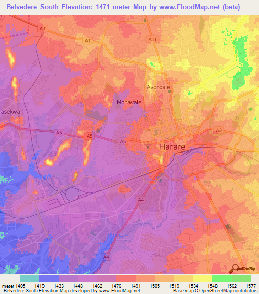 Belvedere South,Zimbabwe Elevation Map
