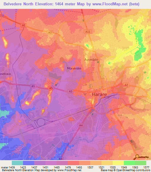 Belvedere North,Zimbabwe Elevation Map