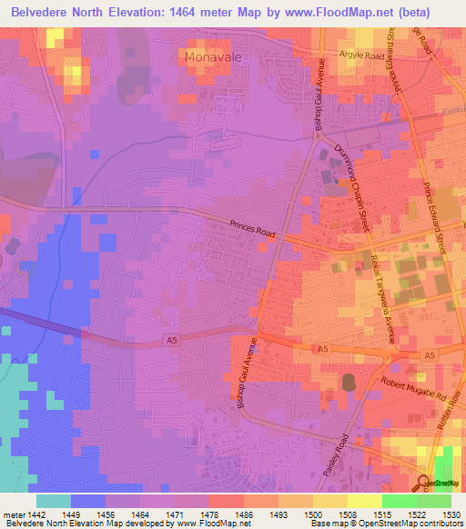 Belvedere North,Zimbabwe Elevation Map
