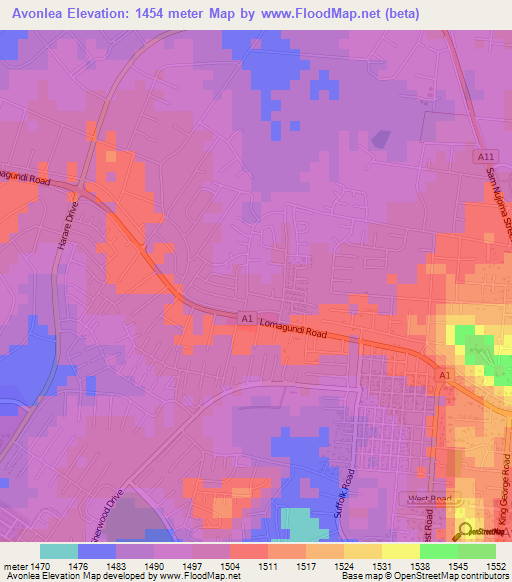 Avonlea,Zimbabwe Elevation Map