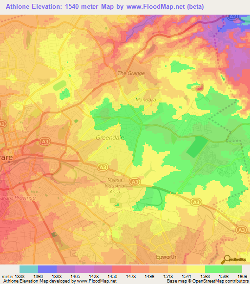 Athlone,Zimbabwe Elevation Map
