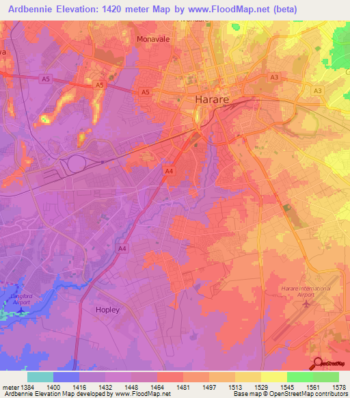 Ardbennie,Zimbabwe Elevation Map