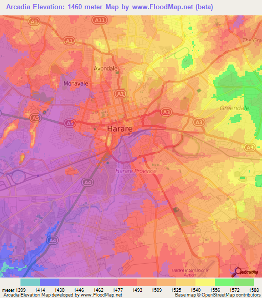 Arcadia,Zimbabwe Elevation Map