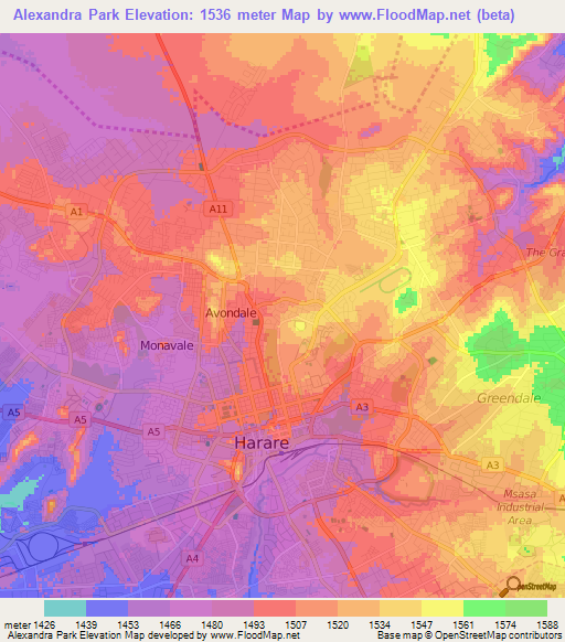 Alexandra Park,Zimbabwe Elevation Map