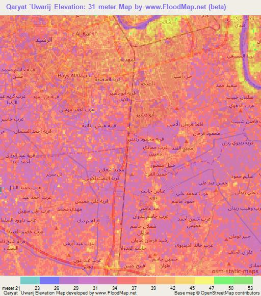 Qaryat `Uwarij,Iraq Elevation Map