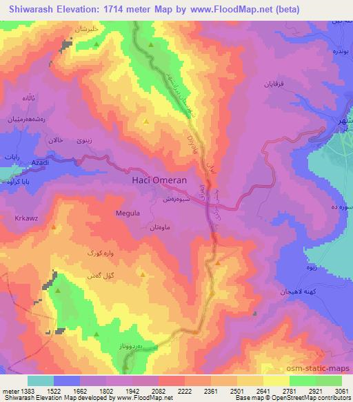 Shiwarash,Iraq Elevation Map