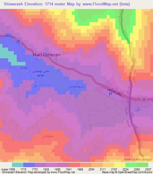 Shiwarash,Iraq Elevation Map