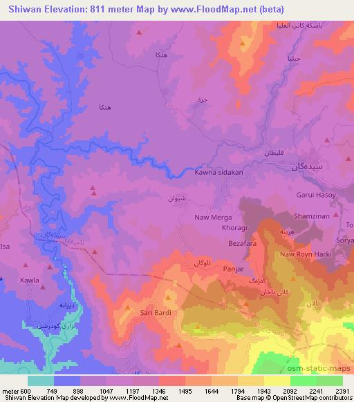 Shiwan,Iraq Elevation Map