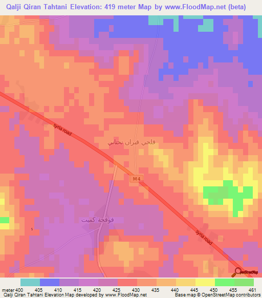 Qalji Qiran Tahtani,Syria Elevation Map