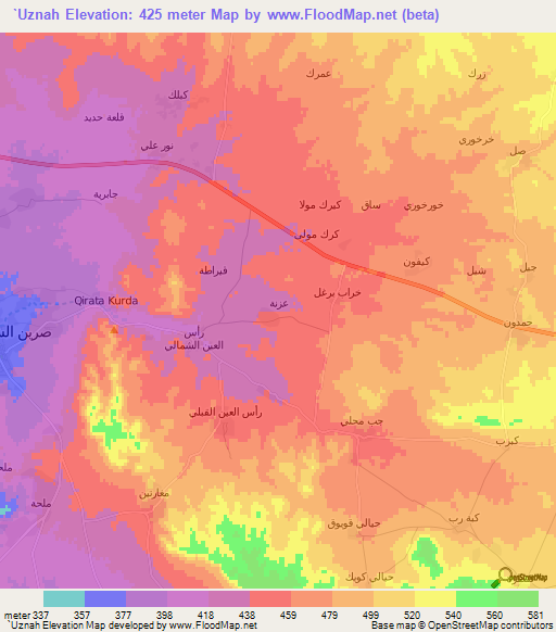 `Uznah,Syria Elevation Map