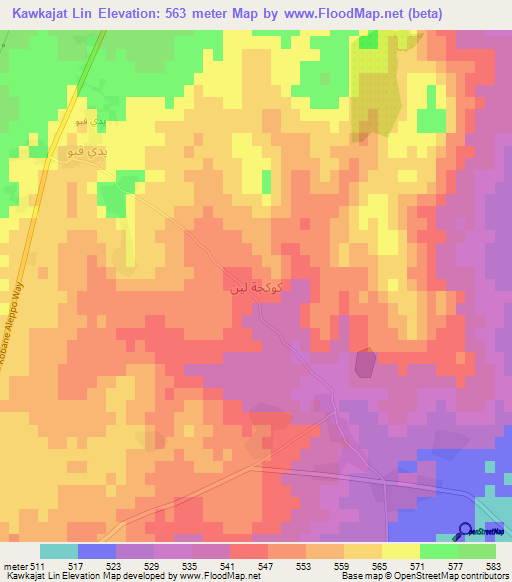 Kawkajat Lin,Syria Elevation Map