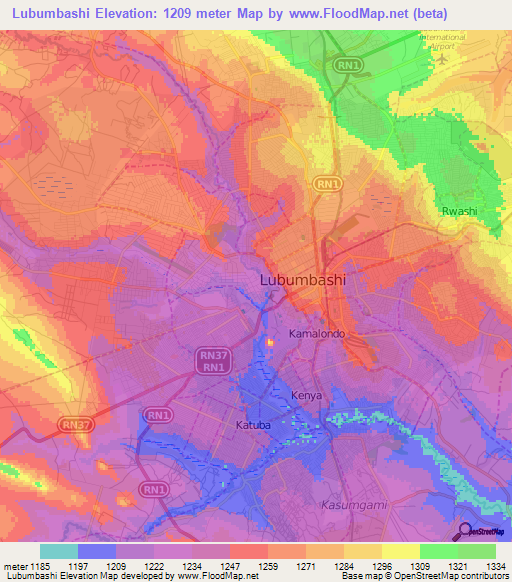 Lubumbashi,Congo (Kinshasa) Elevation Map