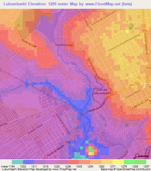 Lubumbashi,Congo (Kinshasa) Elevation Map