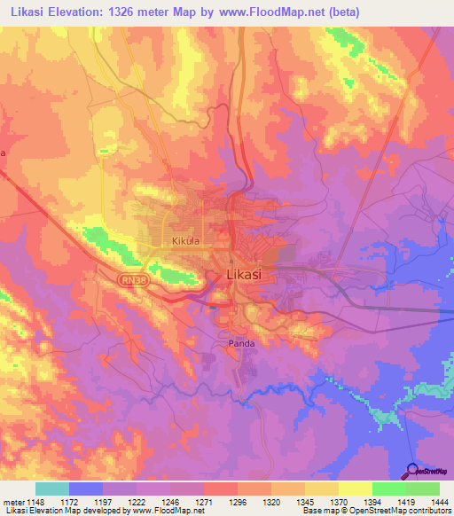 Likasi,Congo (Kinshasa) Elevation Map