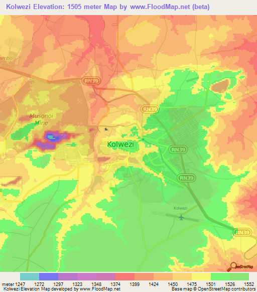 Kolwezi,Congo (Kinshasa) Elevation Map