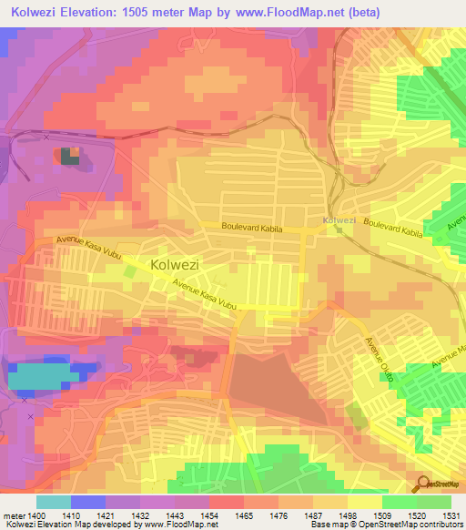 Kolwezi,Congo (Kinshasa) Elevation Map