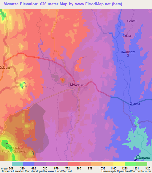 Mwanza,Malawi Elevation Map