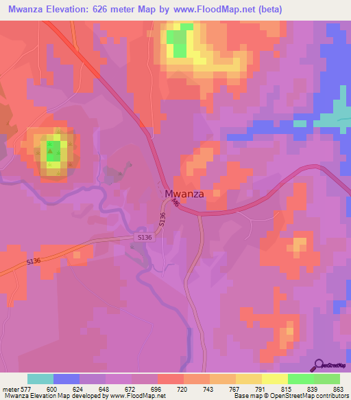 Mwanza,Malawi Elevation Map