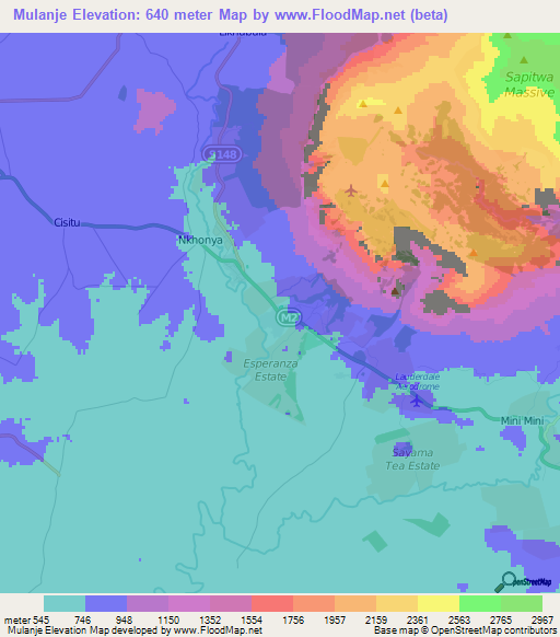 Mulanje,Malawi Elevation Map