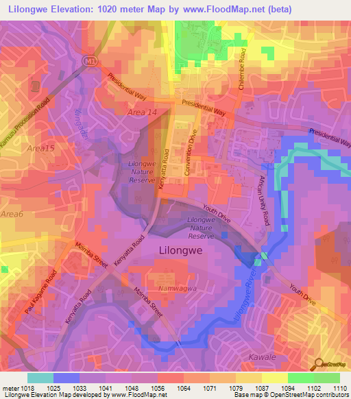 Lilongwe,Malawi Elevation Map