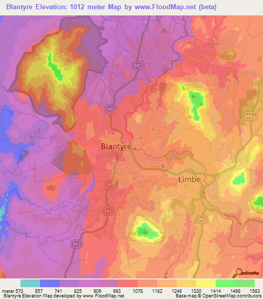Blantyre,Malawi Elevation Map