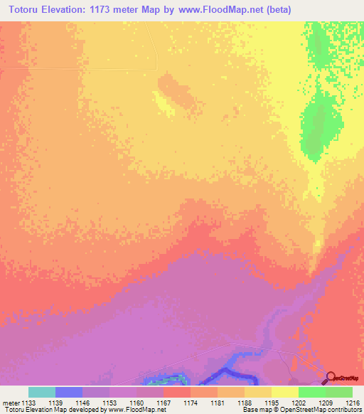 Totoru,Botswana Elevation Map
