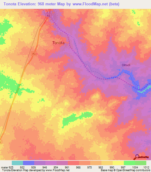 Tonota,Botswana Elevation Map