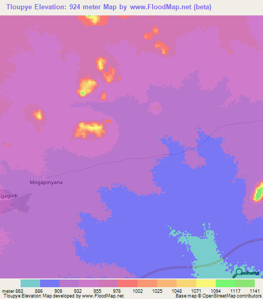 Tloupye,Botswana Elevation Map