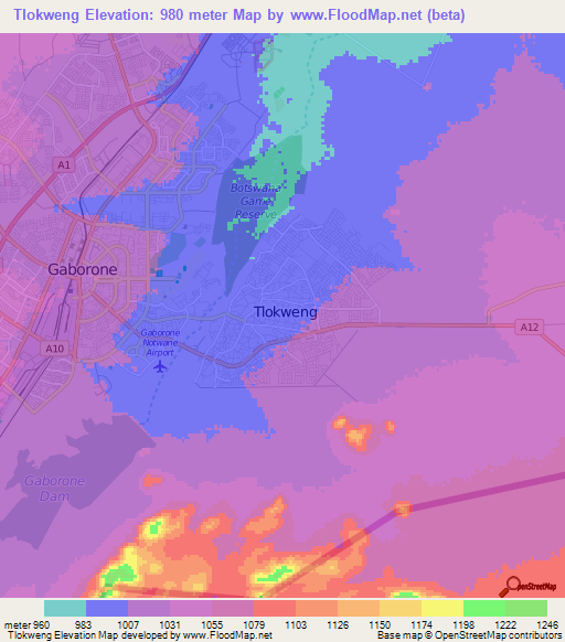 Tlokweng,Botswana Elevation Map