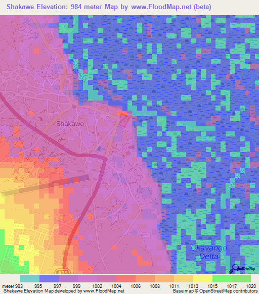 Shakawe,Botswana Elevation Map