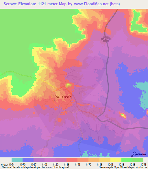 Serowe,Botswana Elevation Map