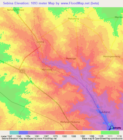Sebina,Botswana Elevation Map