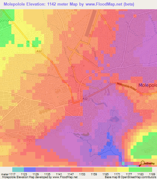 Molepolole,Botswana Elevation Map