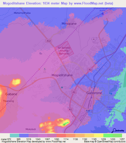 Mogoditshane,Botswana Elevation Map