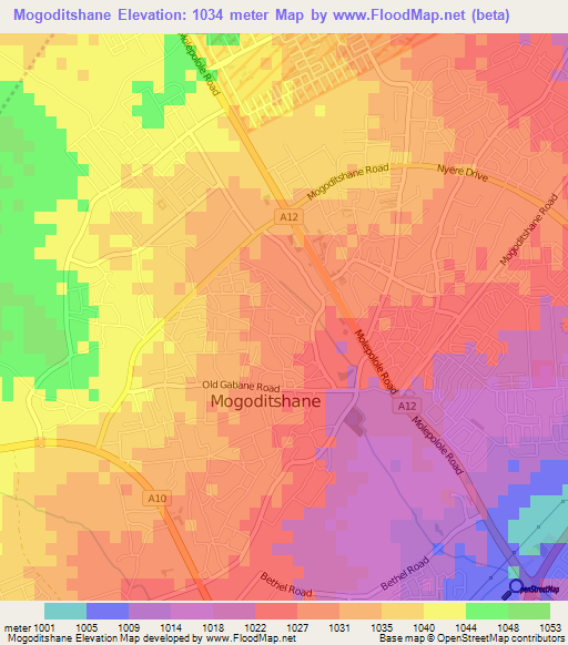 Mogoditshane,Botswana Elevation Map