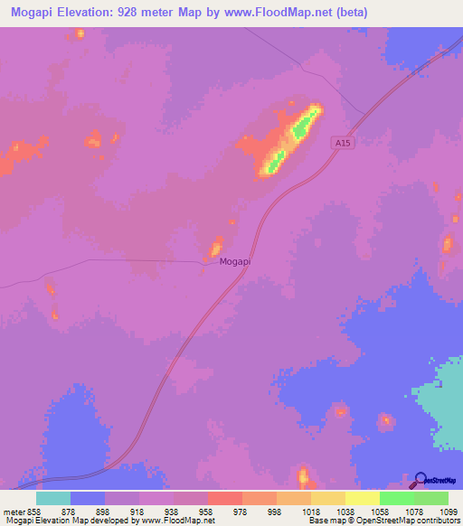 Mogapi,Botswana Elevation Map