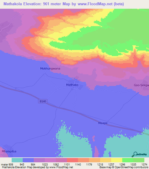 Mathakola,Botswana Elevation Map