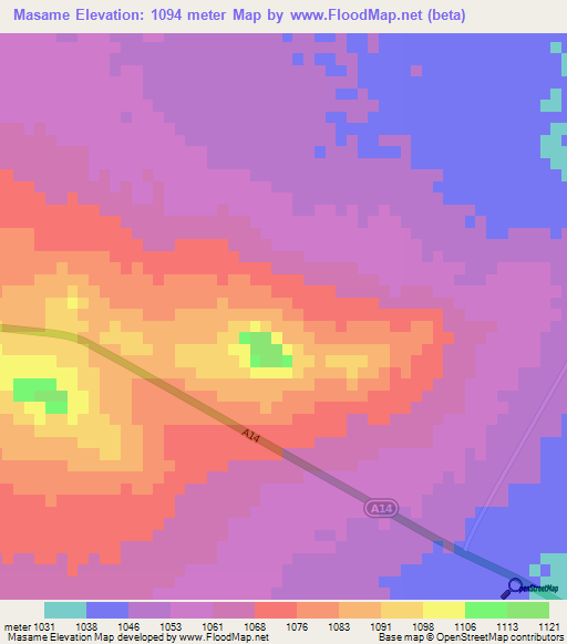 Masame,Botswana Elevation Map