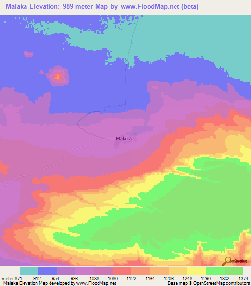 Malaka,Botswana Elevation Map