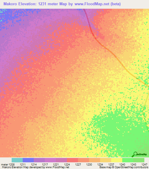 Makoro,Botswana Elevation Map