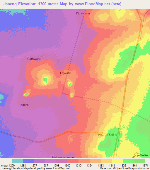 Janeng,Botswana Elevation Map