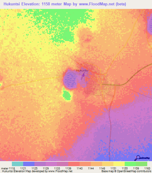 Hukuntsi,Botswana Elevation Map
