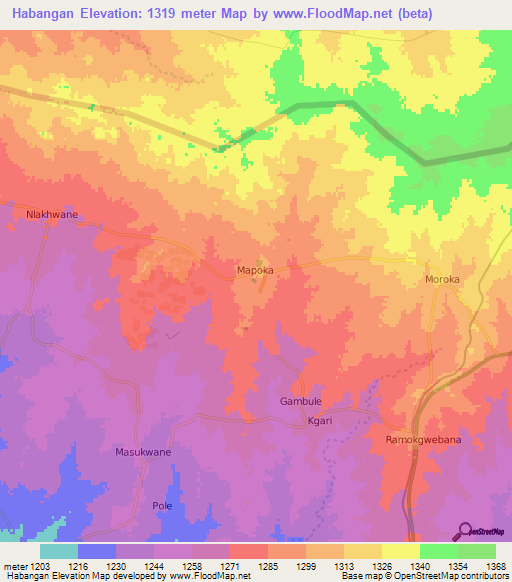 Habangan,Botswana Elevation Map