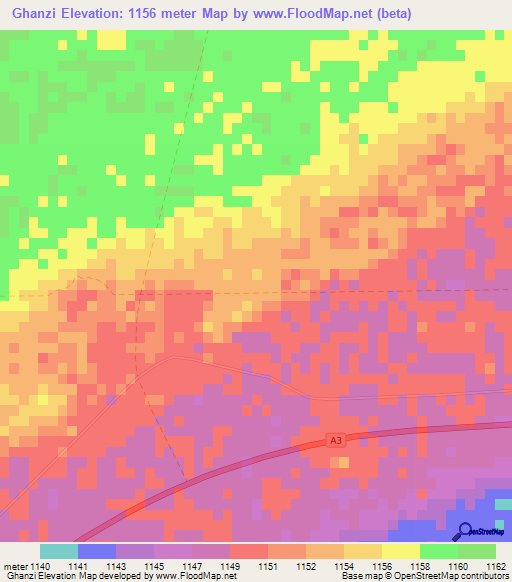 Ghanzi,Botswana Elevation Map
