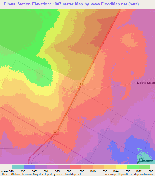 Dibete Station,Botswana Elevation Map