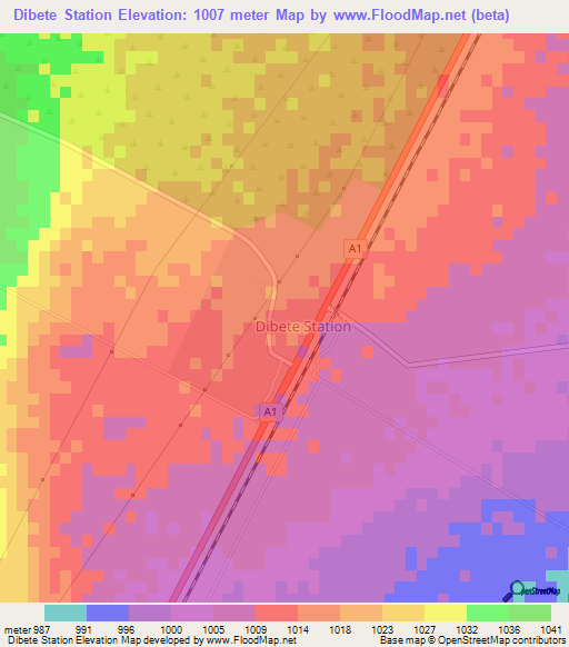 Dibete Station,Botswana Elevation Map