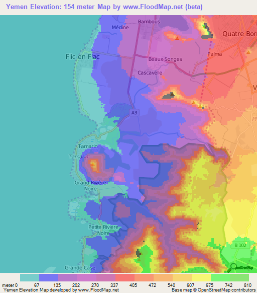 Yemen,Mauritius Elevation Map