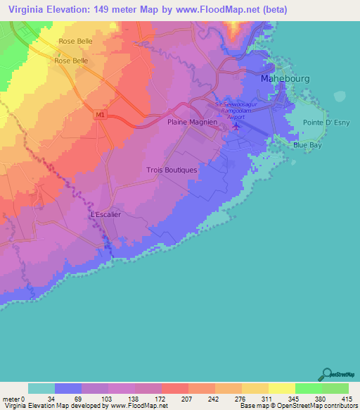 Virginia,Mauritius Elevation Map